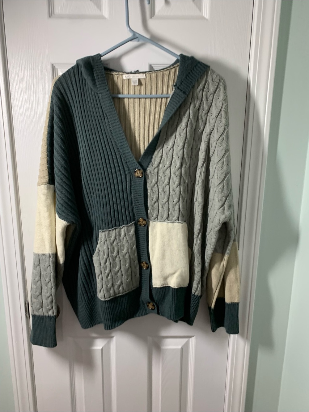 Cato Colorblock Button-Front Hooded Cardigan in Teal, Gray & Cream